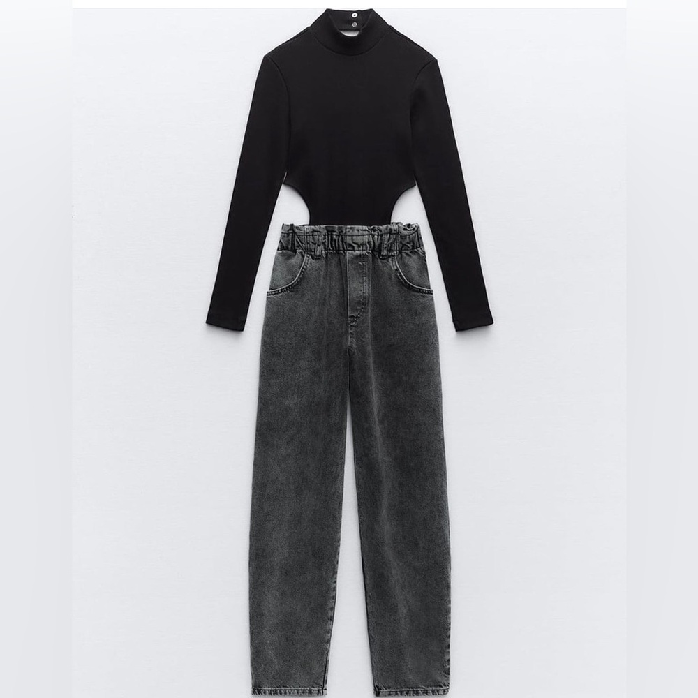 ZARA combination black/grey jean jumpsuit w/side & back cutouts size ext…